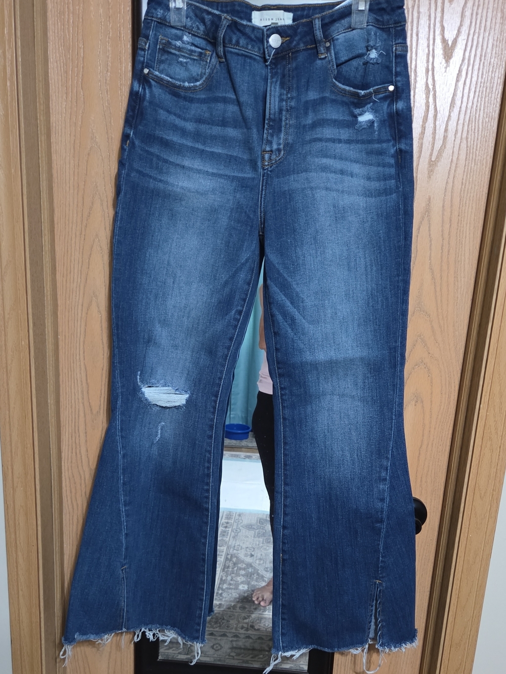 Risen High-Rise Dark Blue Distressed Flare Jeans
